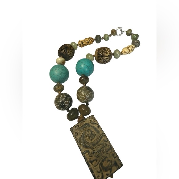 Handcrafted Turquoise and Brown Beaded Necklace beautiful hand carved beads - Picture 4 of 6